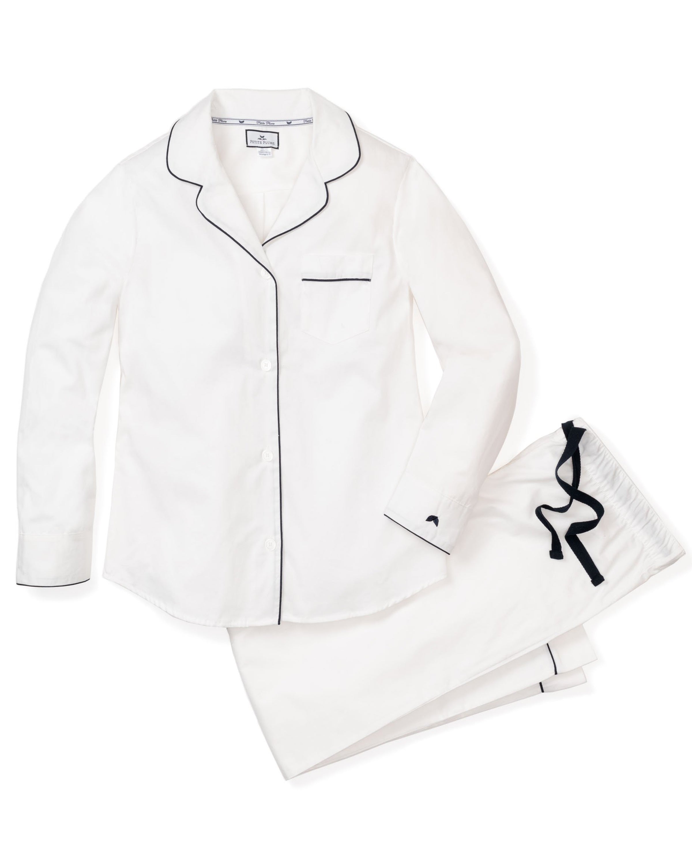 Women's Twill Pajama Set in White with Navy Piping