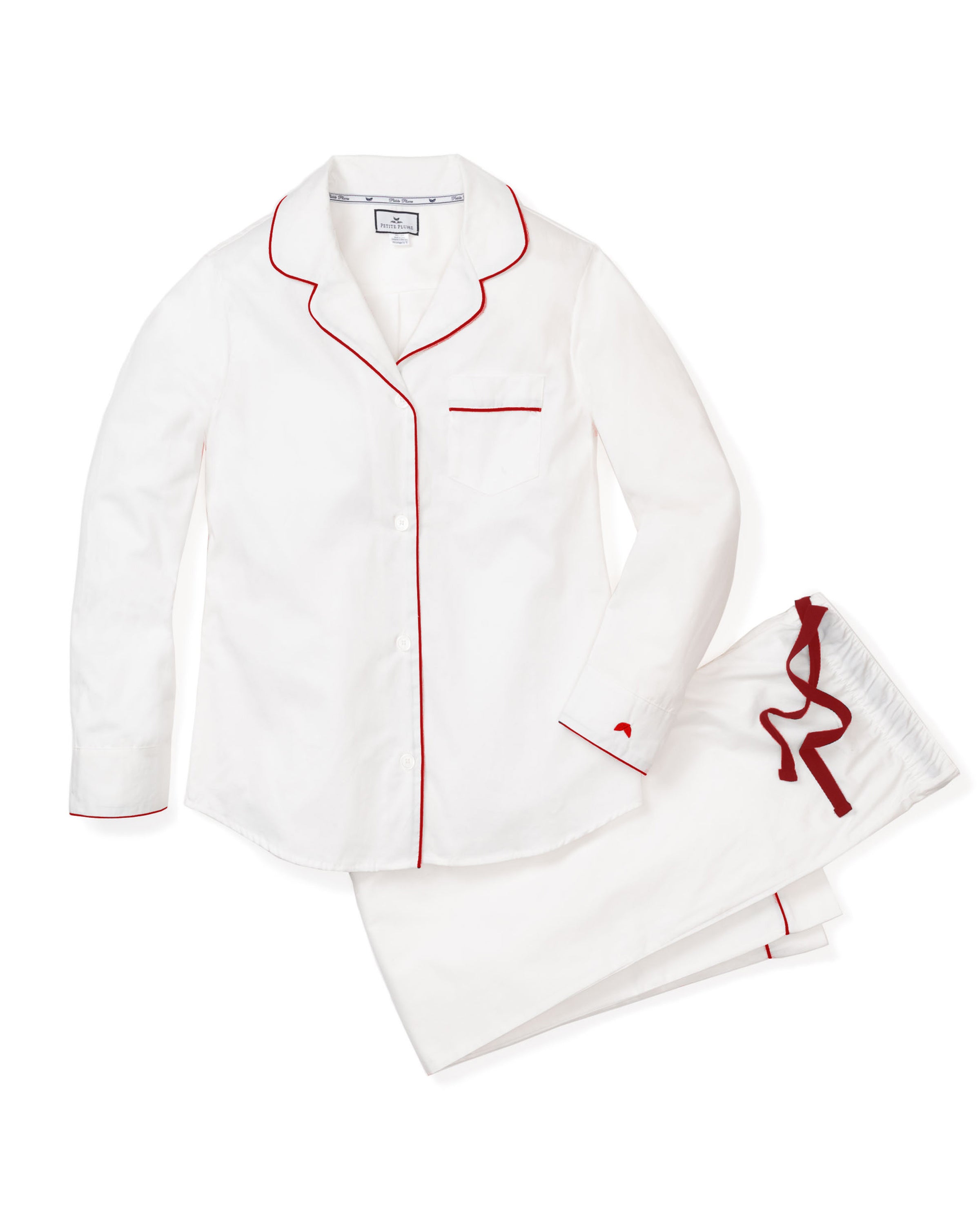 Women's Twill Pajama Set in White with Red Piping