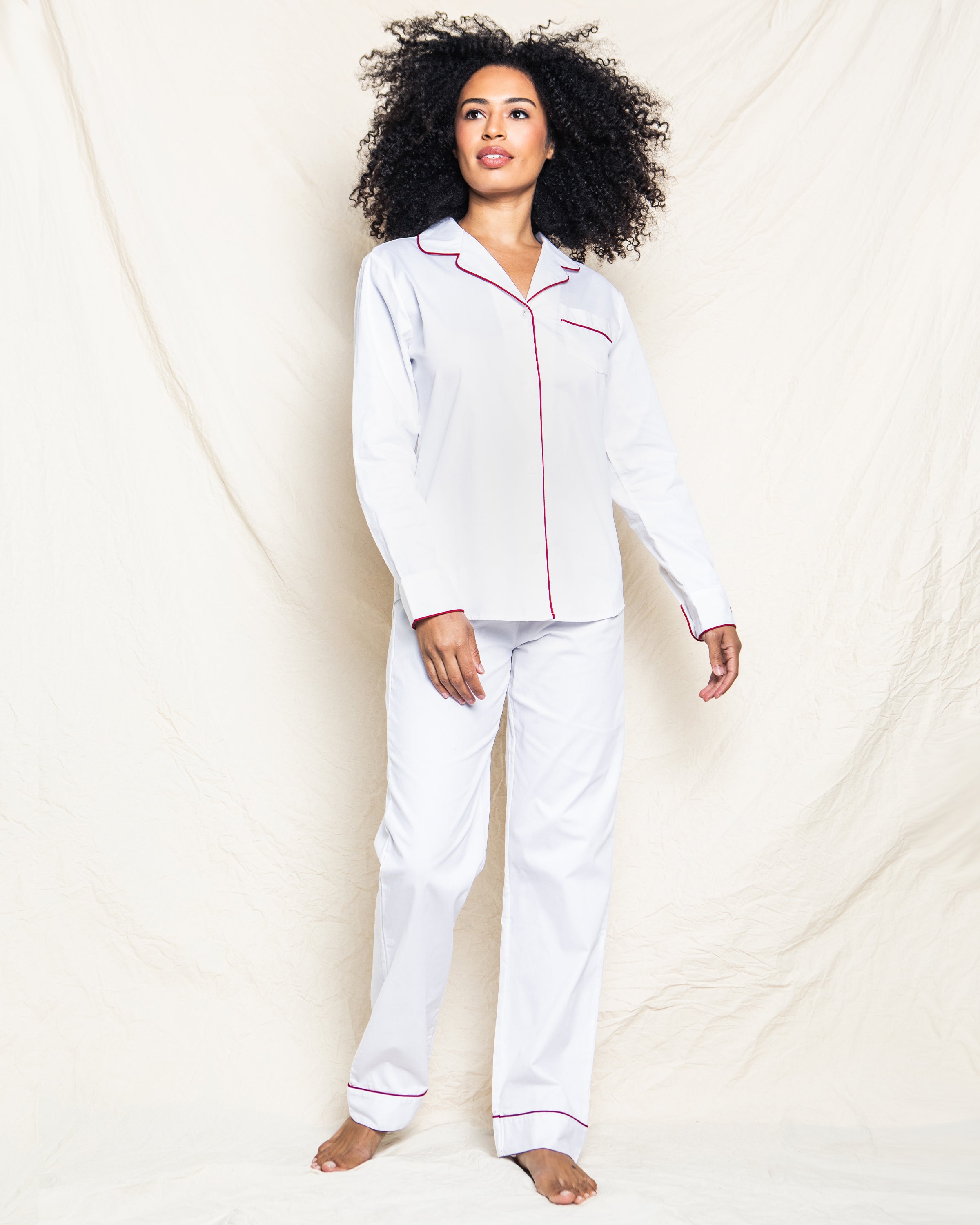 Women's Twill Pajama Set in White with Red Piping