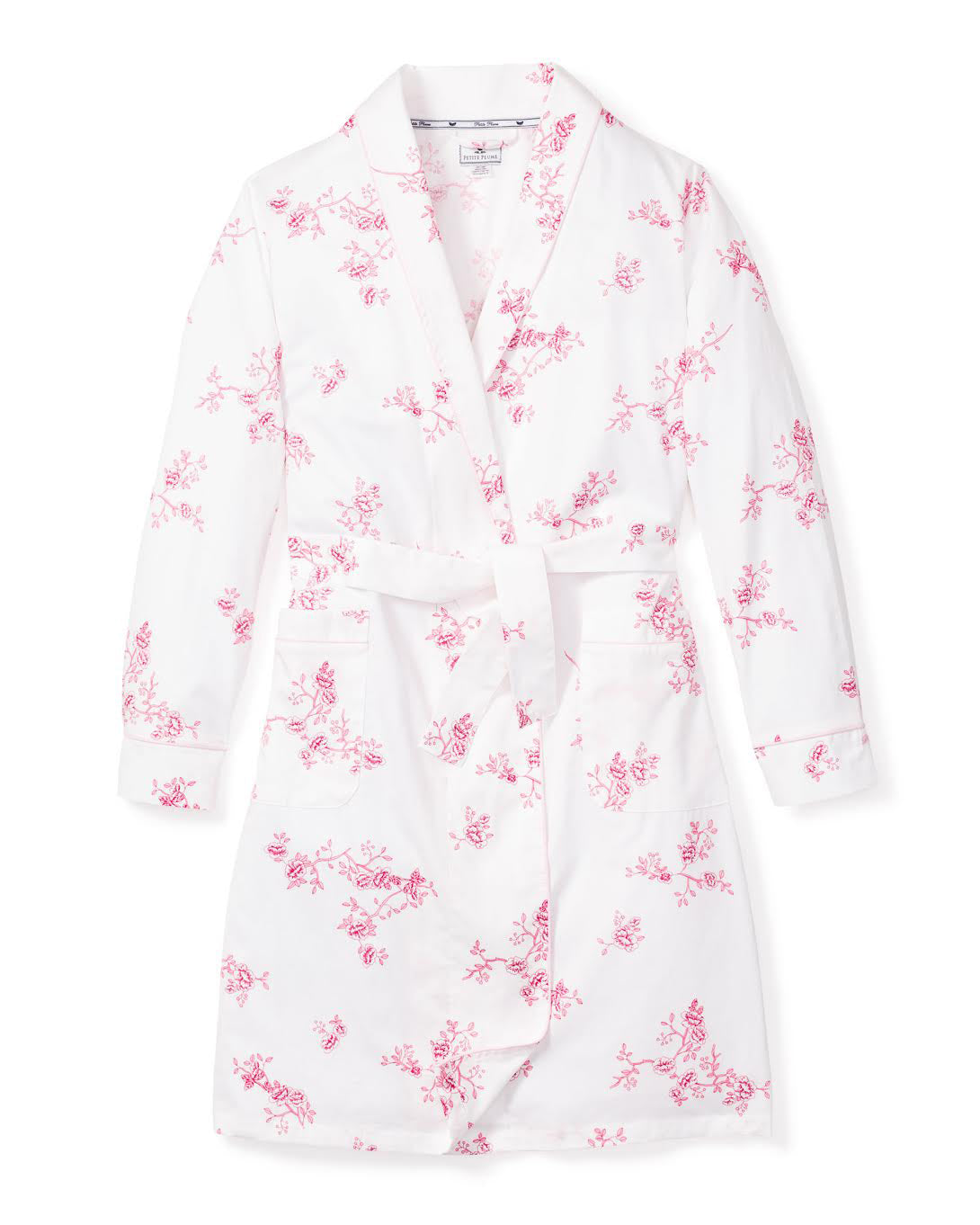 The Womens Twill Robe in English Rose Floral by Petite Plume is crafted from premium cotton. Featuring a pink floral vintage print, it includes a shawl collar, long sleeves, and a matching belt—perfect for lounging due to its soft and lightweight nature.