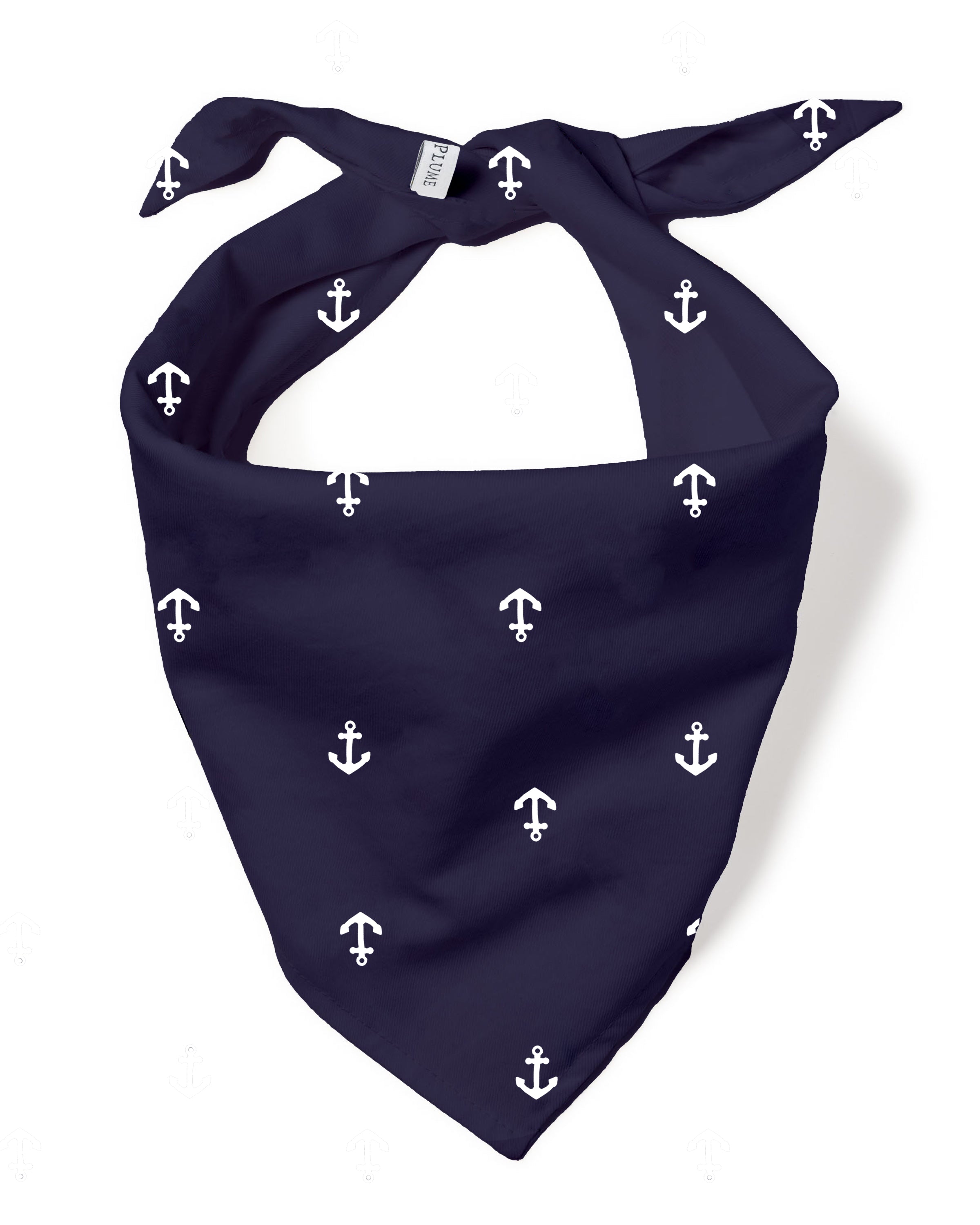 The Petite Plume Dog Twill Bandana Portsmouth Anchors features a charming navy blue design with white anchors, arranged with the knot at the top and ends spread apart—a perfect addition to your stylish dog accessories.