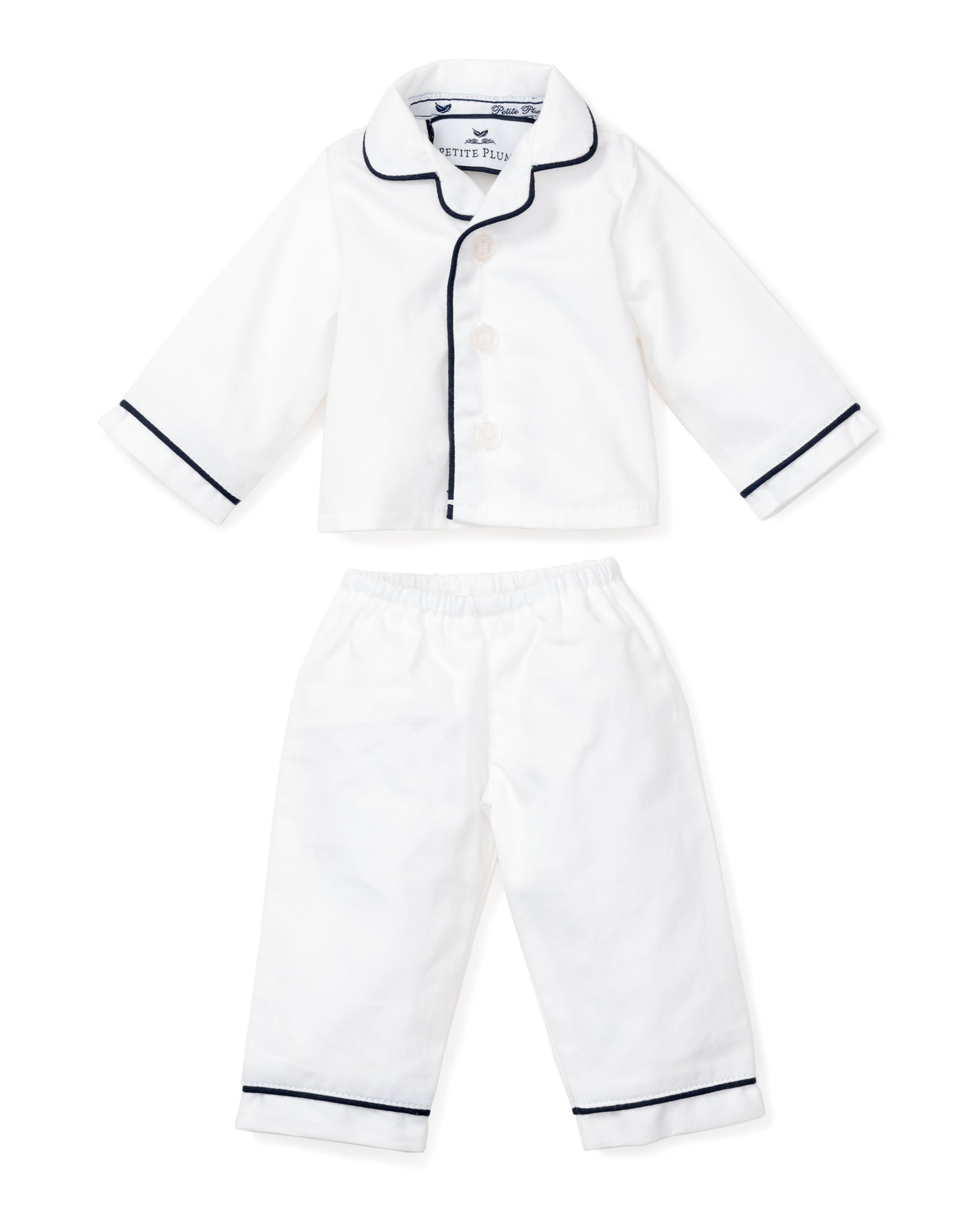 White Doll Pajamas with Navy Piping