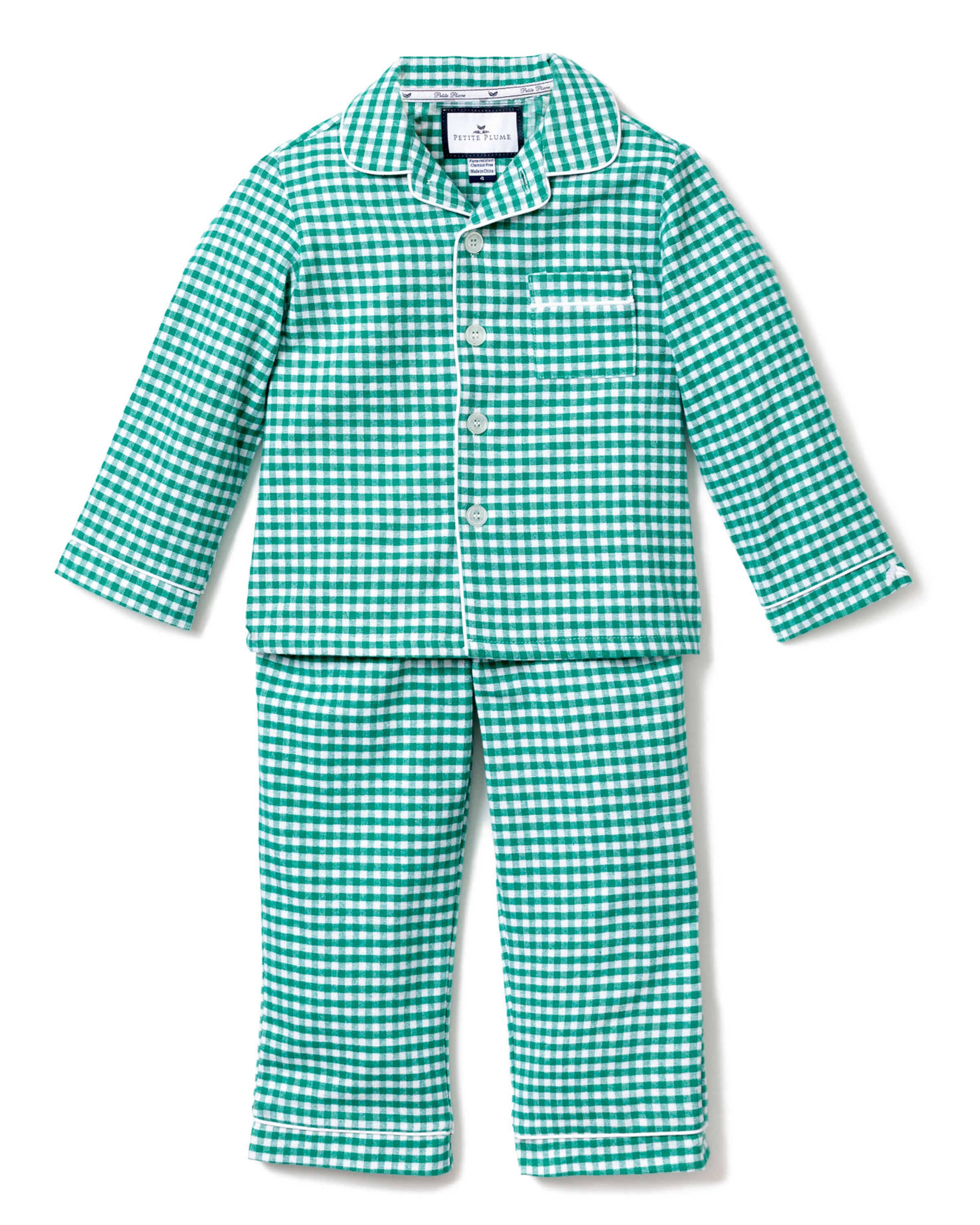 Kid's Flannel Pajama Set in Green Gingham