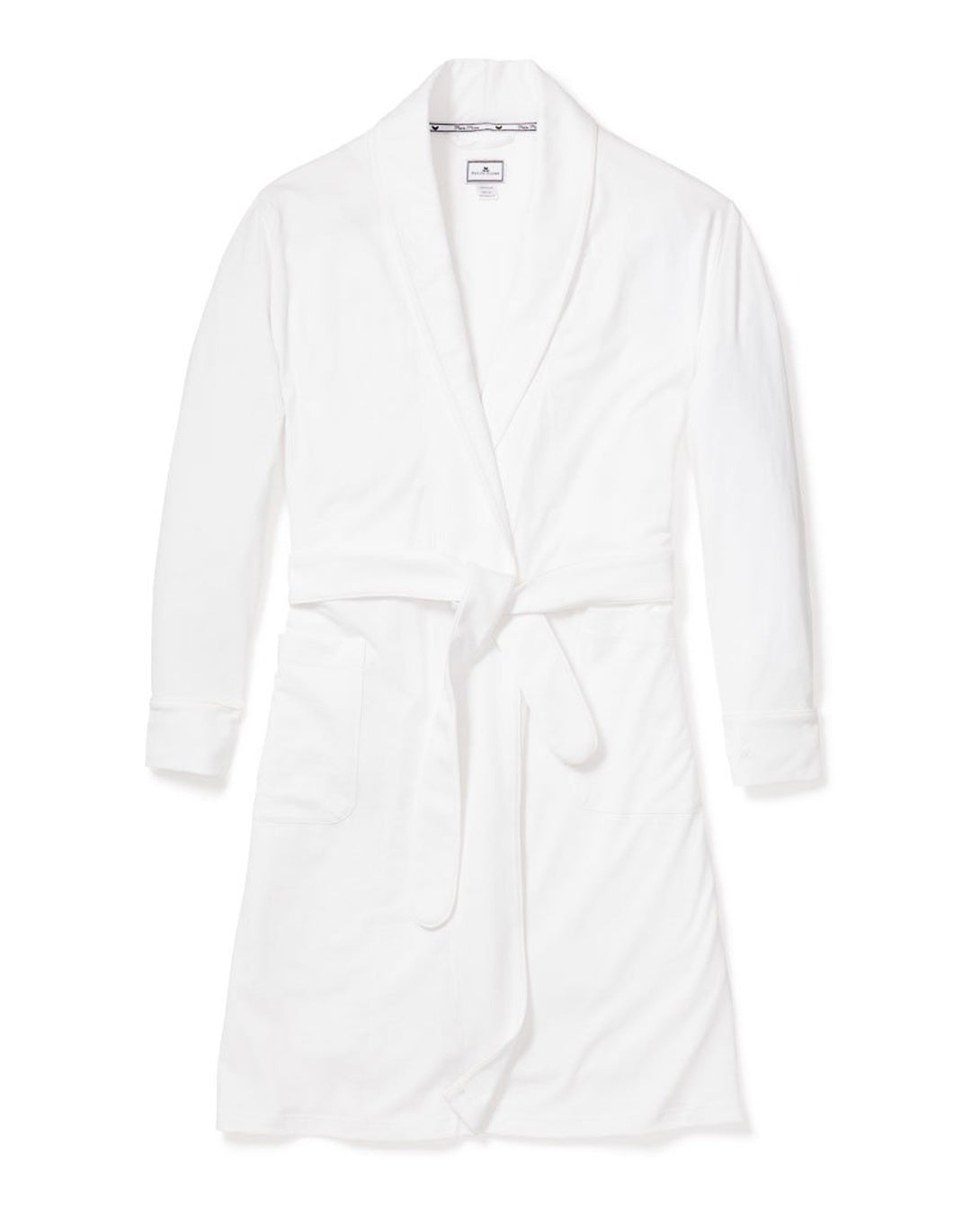 Indulge in the Womens Pima Robe in White by Petite Plume, made from Peruvian Pima cotton with long sleeves, a shawl collar, waist tie, and a pocket on the lower right. Its smooth texture is set against a plain white backdrop.