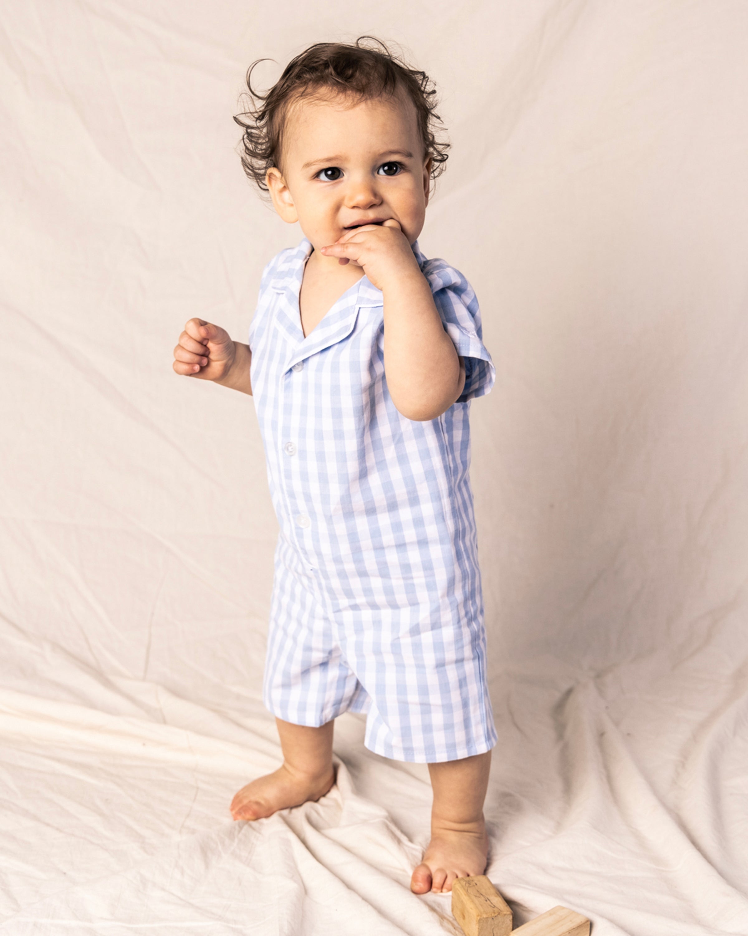 Baby's Twill Summer Romper in Light Blue Gingham