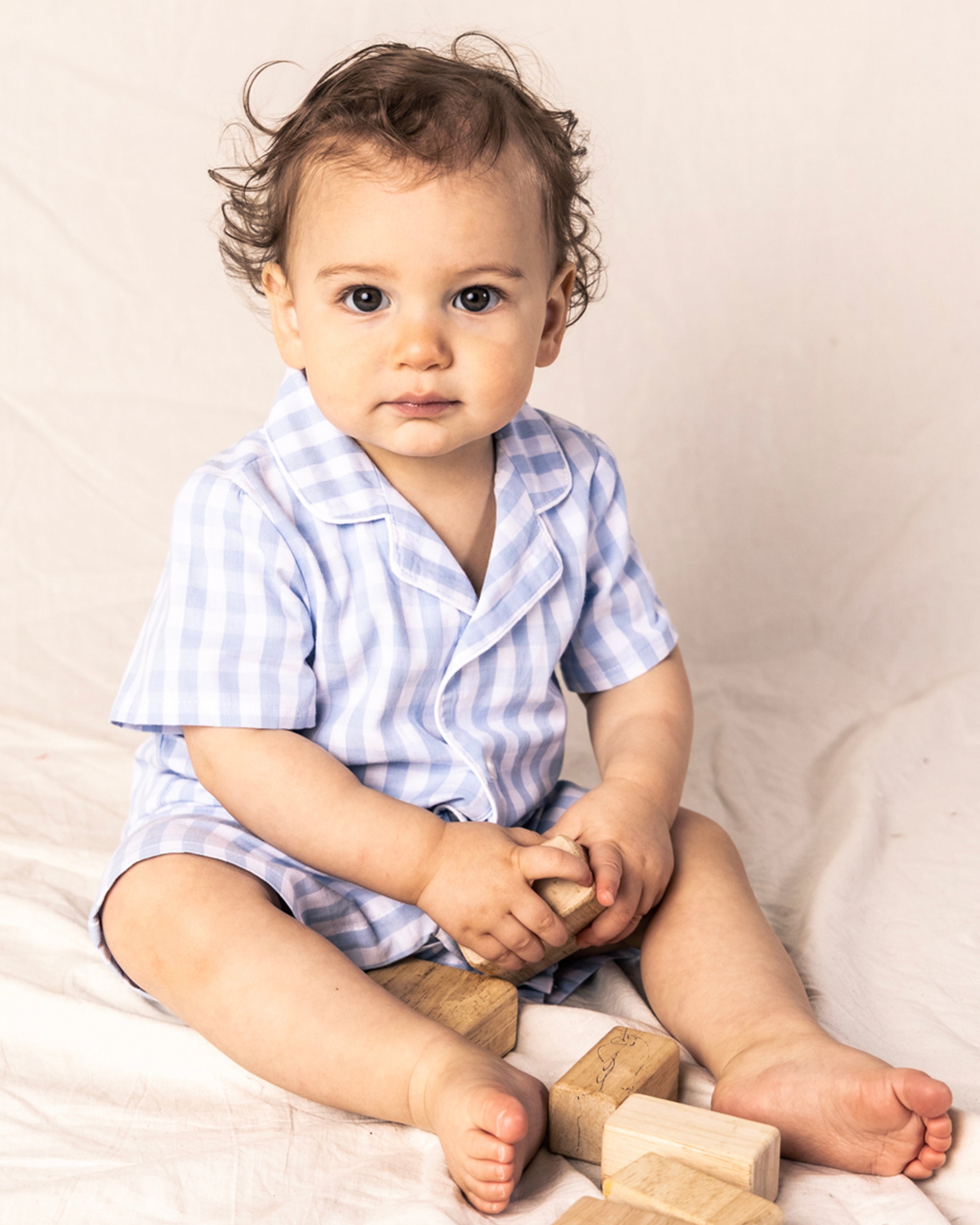 Baby's Twill Summer Romper in Light Blue Gingham