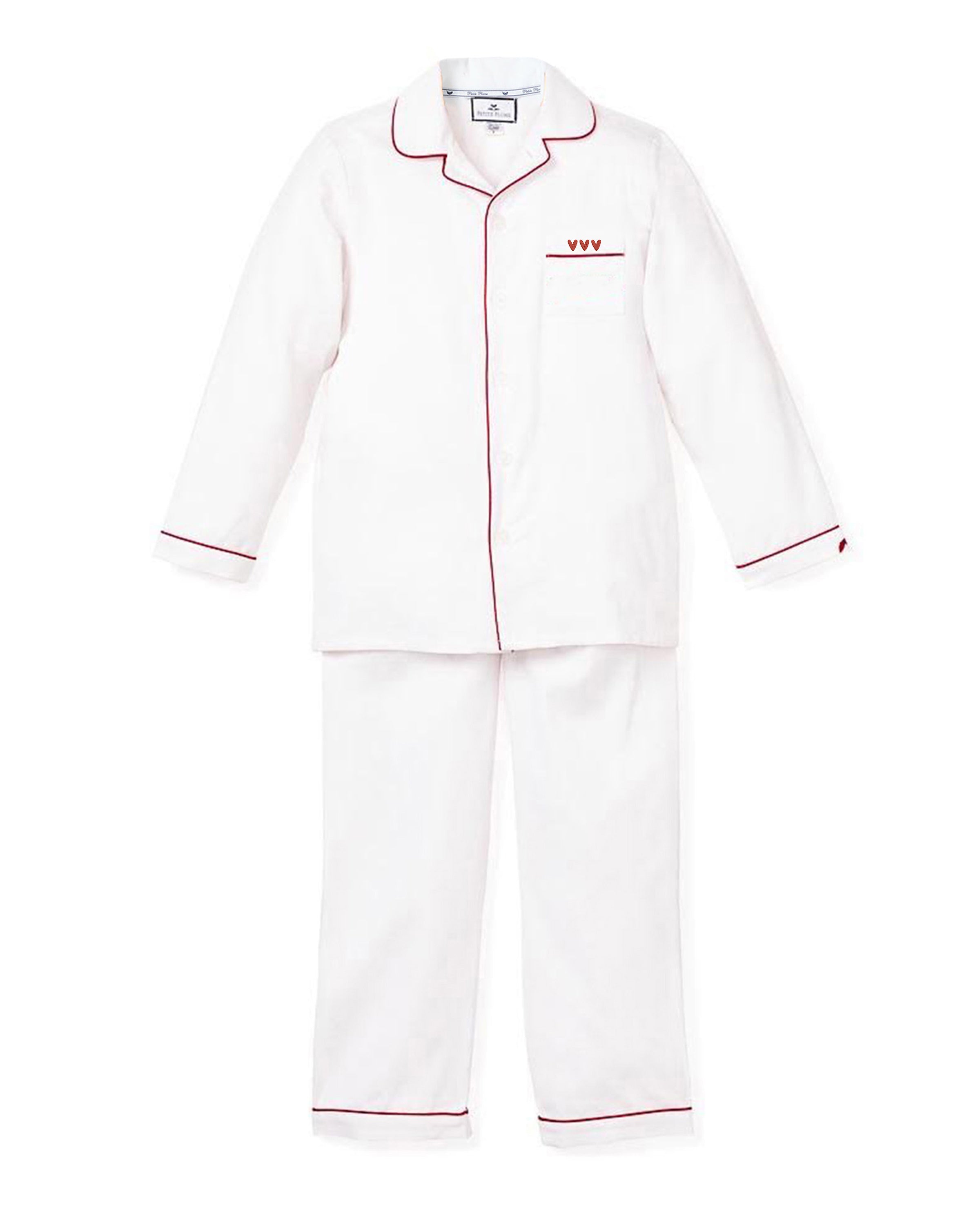 Kid's White Twill Pajama Set with Heart Embroidery