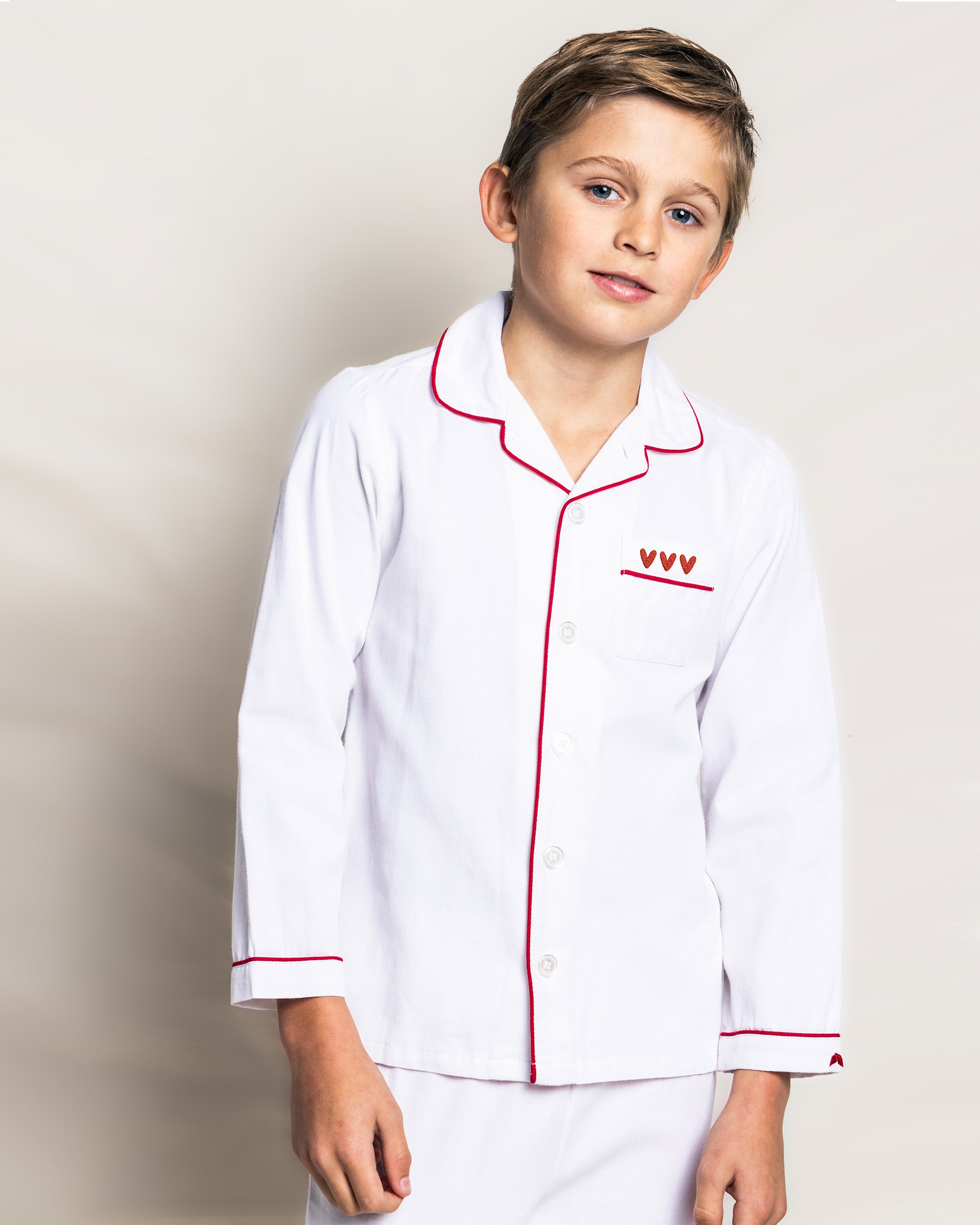 Kid's White Twill Pajama Set with Heart Embroidery