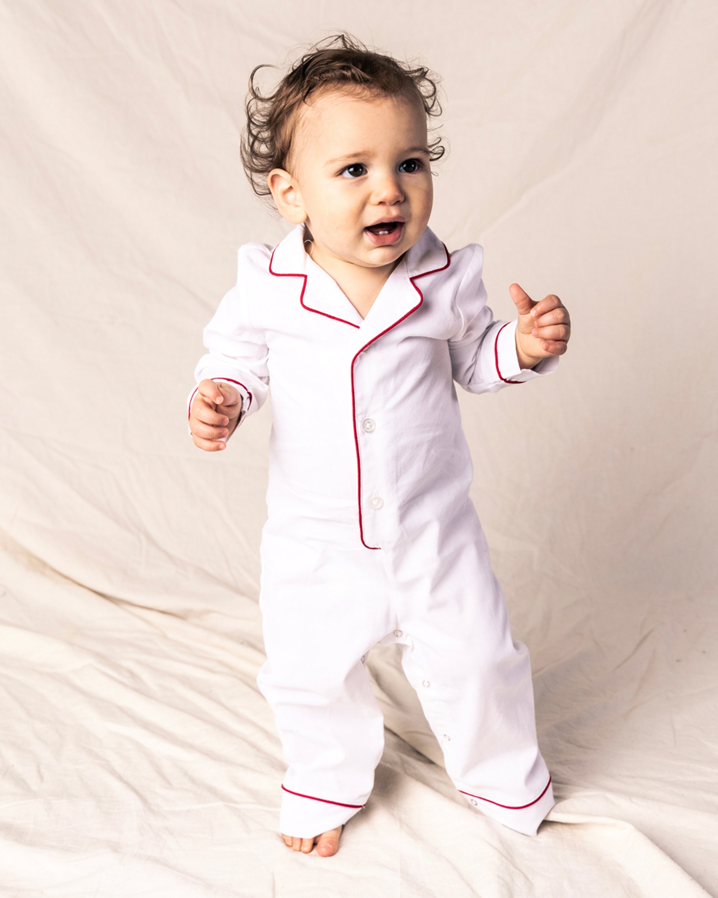 Baby's Twill Romper in White with Red Piping