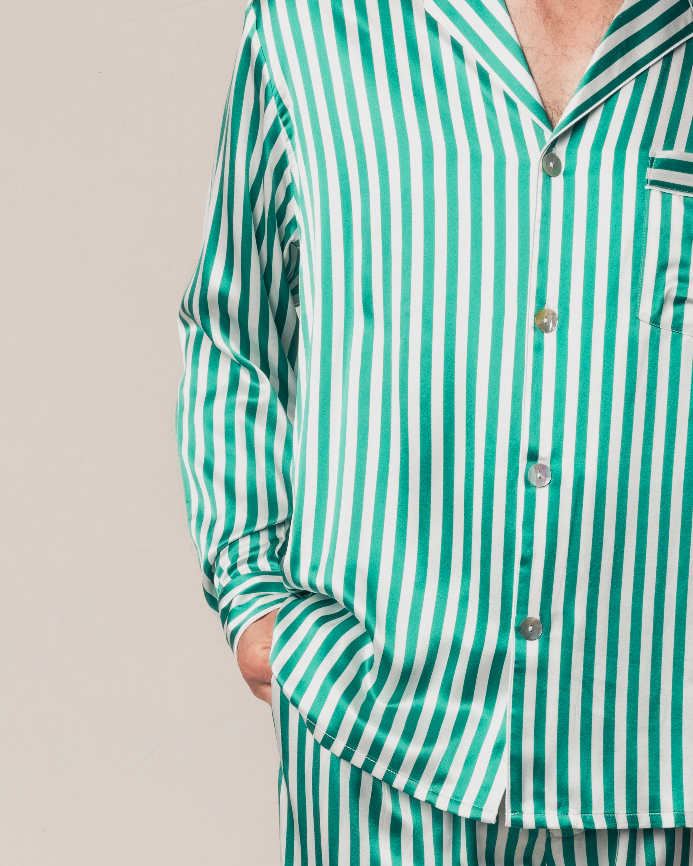 Men's Silk Pajama Set in Green Stripe